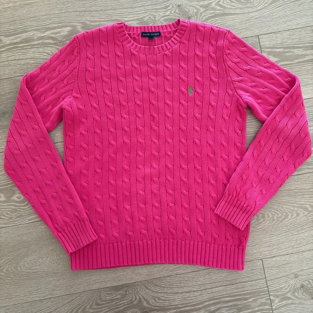 Ralph Lauren Womens Pink Cable Knit Embroidered Logo Crew‎ Neck Sweater Size XL